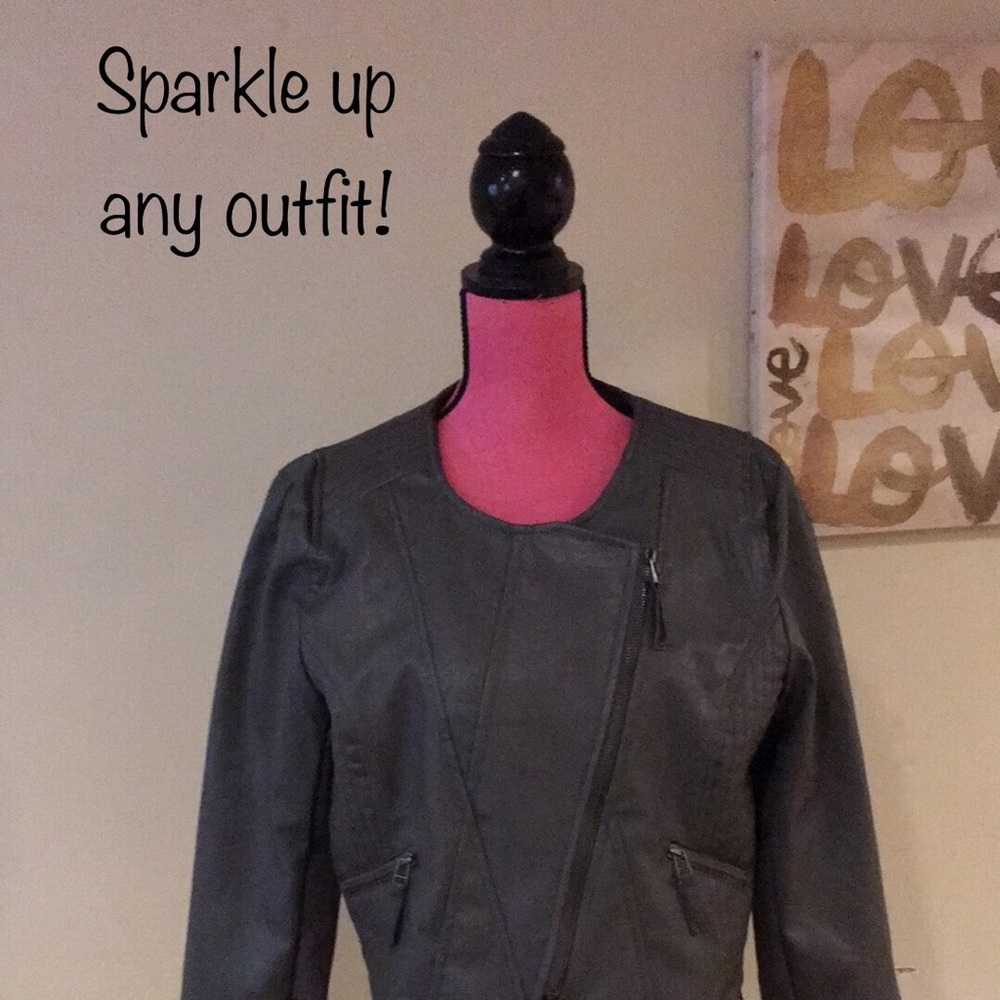 Faux leather moto jacket in cement gray.